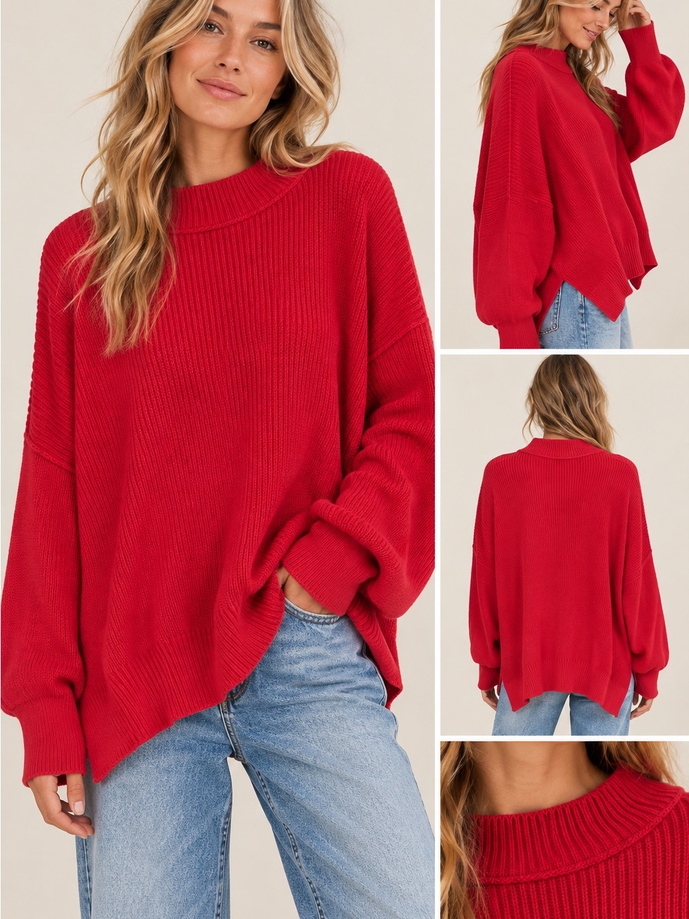 Free People Red Oversized Knit Sweater Long Sleeve Slouchy Pullover M